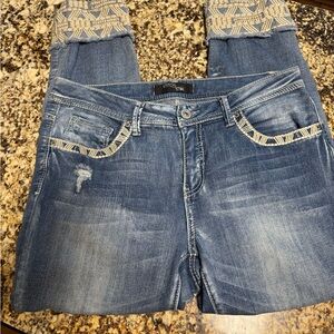 Y2K Stitch Star Blue Embroidered Cuffed Ankle Jeans